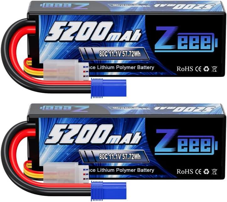 Zeee 3S Lipo Battery 5200mAh 11.1V 80C Hard Case RC Lipo with EC5 Connector for 1/5 1/8 1/10 RC Car Boat Truck Heli Airplane UAV Drone FPV Racing Models(2 Packs)