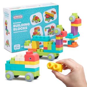PREXTEX Soft Building Blocks for Toddlers 18 Months and up- 62-Piece Rounded Multicolored Bricks - Educational Toy - Vehicle Friends Edition for Interactive Family Fun and Creative Play, Set of 2
