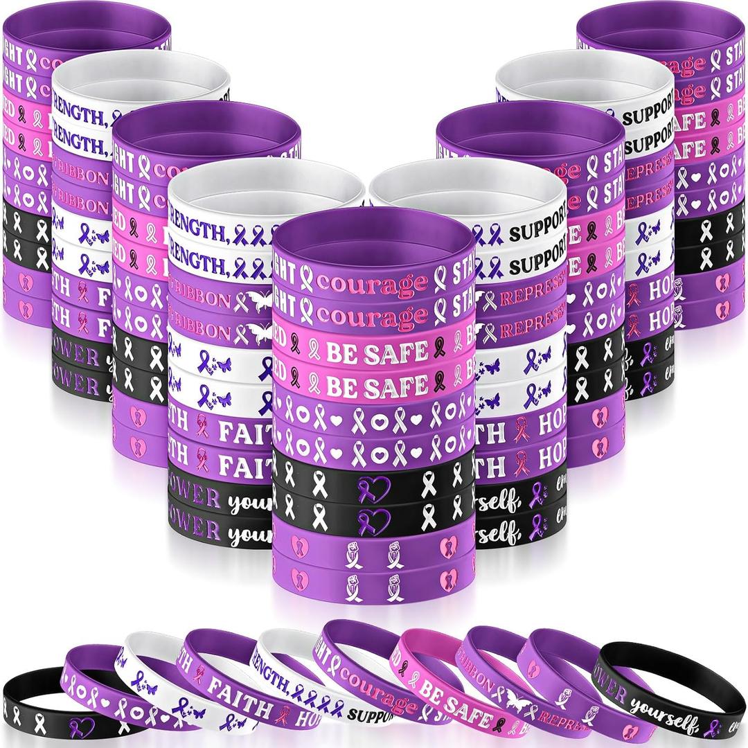 Wavwavw 100 Pcs Purple Ribbon Awareness Bracelets Bulk Rubber Silicone Wristband Domestic Violence Alzheimer's Awareness Pancreatic Cancer Lupus Supplies for Men Women Support Gifts