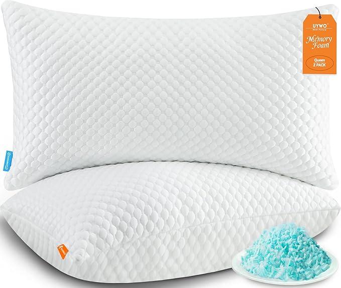 UYWO Cooling White Pillows Queen Size Set of 2, Memory Foam Pillows with Zipper, Firm Bed Pillows Adjustable for Hot Side Back Stomach Sleepers