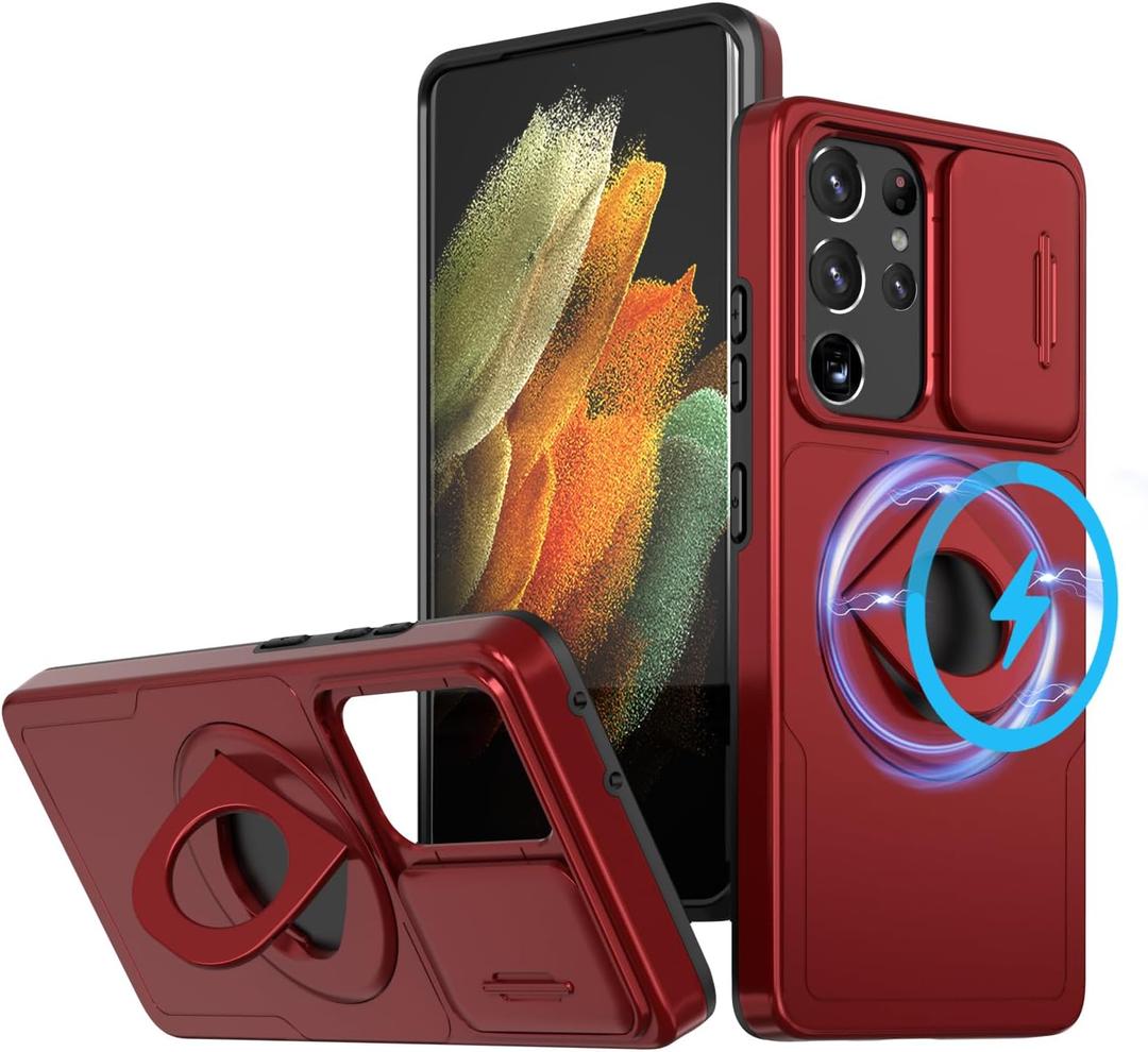 ANNGELAS for Samsung Galaxy S21 Ultra Mag-Safe Kickstand Case with Slide Camera Cover, Slim Shockproof Military Heavy Duty Anti-Drop Full Body Protection, 360 Rotating Stand Magnetic Phone Case(Red)