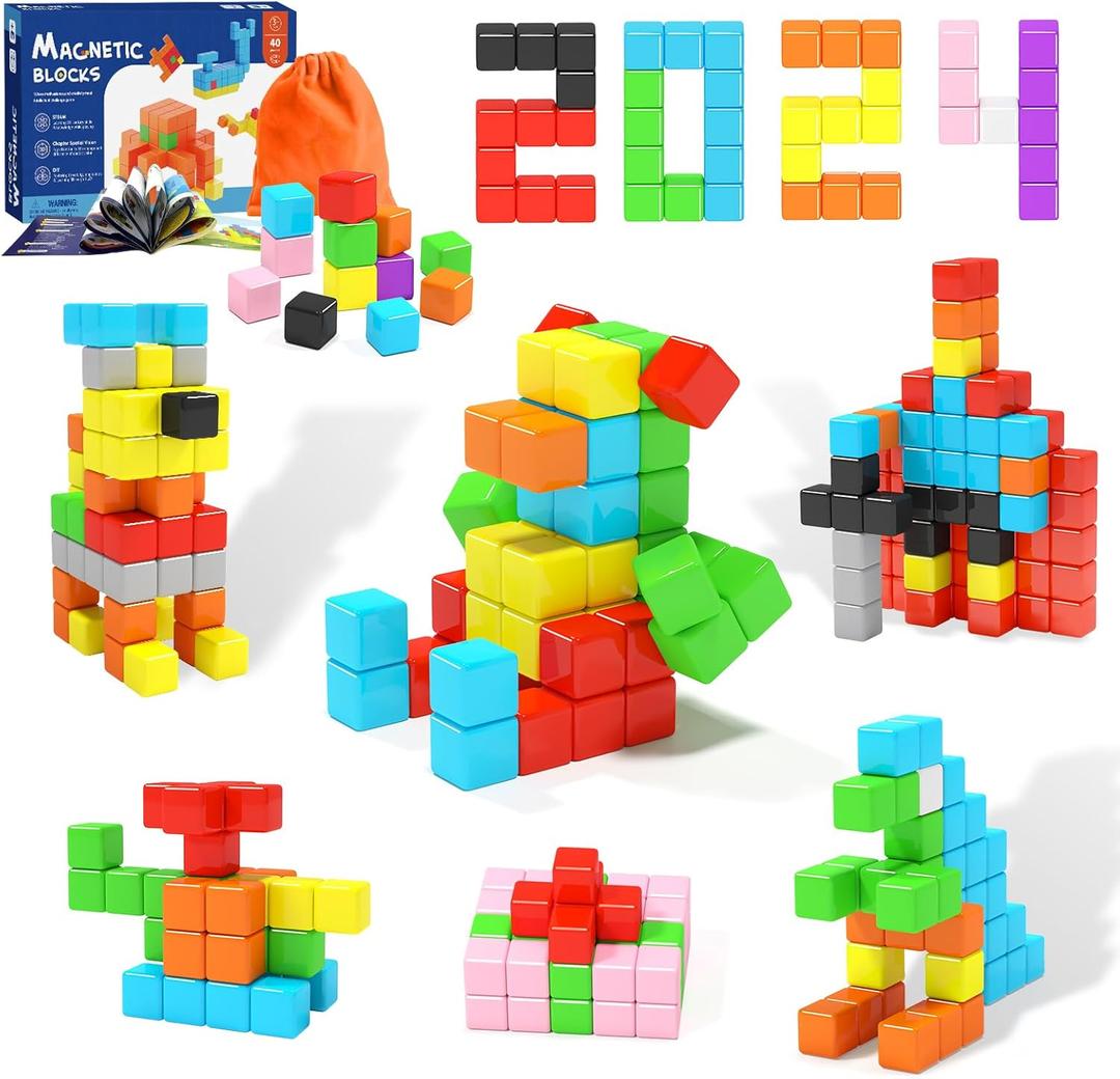 40pcs Magnetic Blocks for Toddler Toys, Magnetic Cubes Building Blocks Classroom Must Haves, STEM Preschool Sensory Magnet Toys for 3 4 5 6 Year Old Boys and Girls