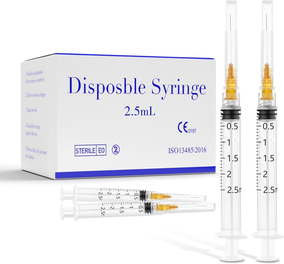 100 Pack 2.5ml Plastic Luer Lock Syringa with Needles 25 Ga 1 inch, Individually Sealed Wrapped, for Scientific Labs, Measuring Liquid, Refilling Cartridges or Glue Applicator