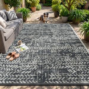 MontVoo Outdoor Rug 8x10 Waterproof-Patio Rug Mat Outdoor RV Camping Picnic Beach Mat Plastic Straw Rugs Outside Outdoor Area Rugs for Balcony Deck Backyard Grey