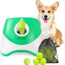 Automatic Dog Ball Launcher, Dog Ball Thrower with 15 Mini Tennis Balls Sizing 2 Inch and Mesh Bag, Interactive Dog Toys Tennis Ball Launcher for Small Dogs with 3 Distance Settings (Green)