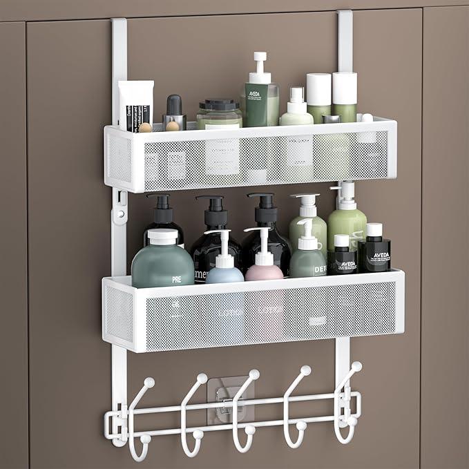 Over The Door Hooks Organizer, Over The Door Towel Rack with 12 Coat Hooks and 2 Mesh Basket, Bathroom Door Organizer Back of Door Hanger Organizer for Bedroom, Kitchen