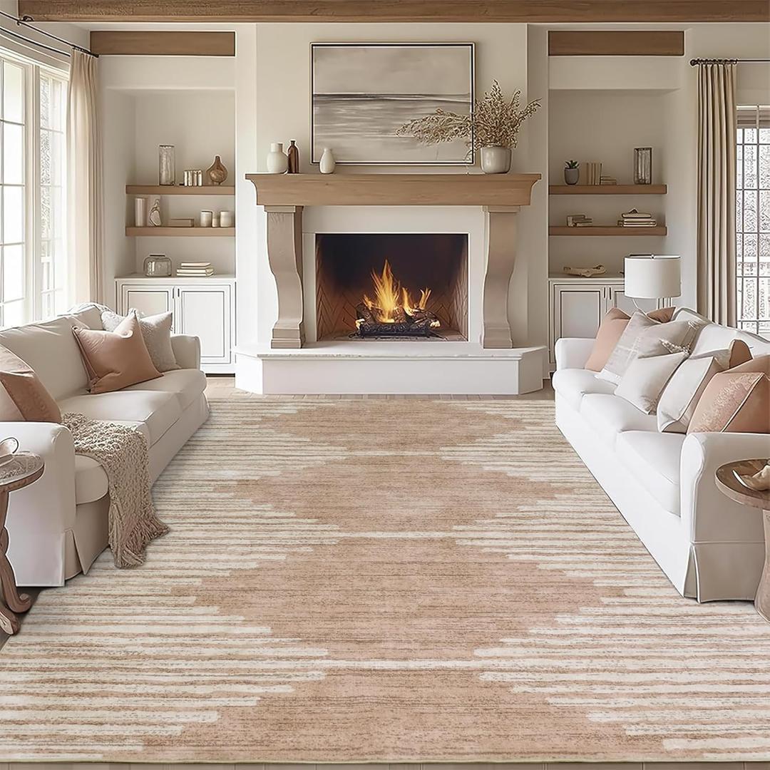HelloTree Area Rug for Living Room 8x10 Washable Geometric Moroccan Rug Stripe Farmhouse Bohemian Minimalistic Non Slip Non Shedding Ultra Thin Soft Rug for Bedroom Office DiningRoom Nursery-Khaki