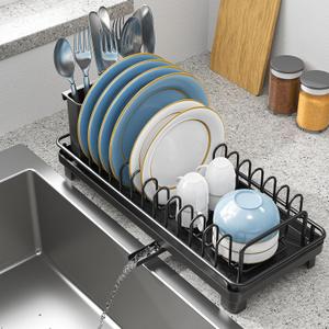 XYZLVSI Small Sink Dish Drying Rack with Drainboard, Compact Dish Drainer for Kitchen Countertop, Rustproof Plate Organizer with Utensil Holder, Black (One Tier (drainbaord))