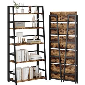 JSB 5 Tier Bookshelf, No Assembly Folding Ladder Bookshelf, 51.6in Tall Foldable Ladder Shelf, Bookcase for Home Office, Living Room,Space-Saving (Rustic & Brown, 5 Tier)