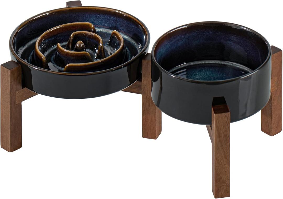 Havniva Elevated Slow Feeder Dog Bowls, 1.2 Cups/7.3 inch Slow Feeders + 6.1 inch Ceramic Dog Food & Water Bowls Set with Acacia Wood Stand Puzzle Bowls for Fast Eater, Small Dogs Anti-Choking,  2 x Starry Sky + Stand - A, M- 7.3inch / 1.2 Cups