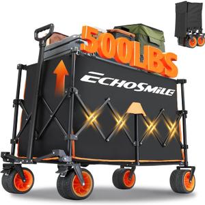 EchoSmile Collapsible Foldable Extended Wagon with 500Lbs Weight Capacity, 300L Folding Utility Wagon Cart with Big All-Terrain Wheels for Beach,Sport,Garden&Grocery (Black&Orange)