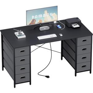 Pamray 47 Inch Computer Desk with 8 Fabric Drawers and Power Outlet PC Gaming Desk Home Office Study Work Writing Table for Bedroom Black