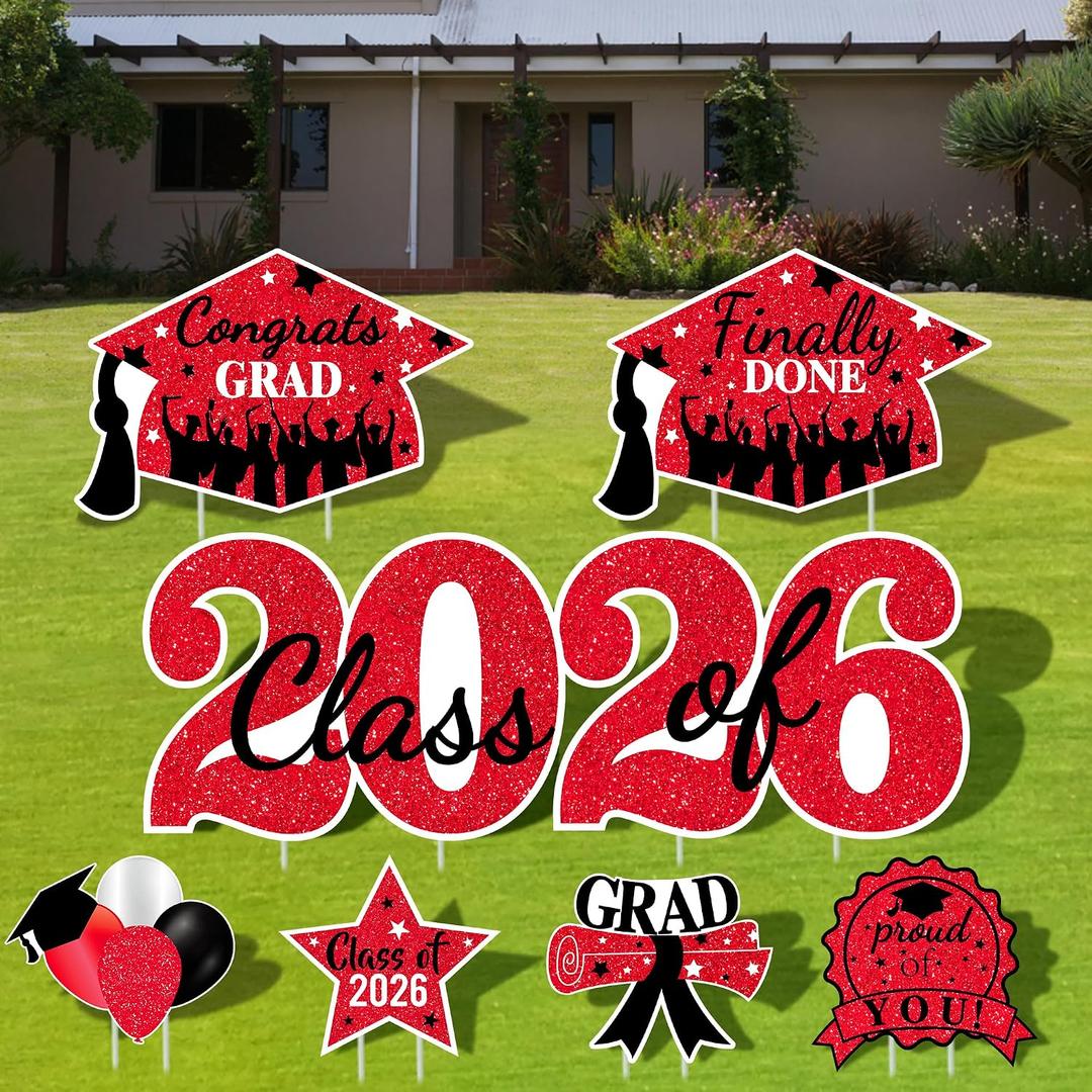 2026 Graduation Yard Sign Stakes Decorations - Congrats Grad Class of 2026 Outdoor Lawn Decor - High School College Grad Graduation Party Decoration Supplies(Red)