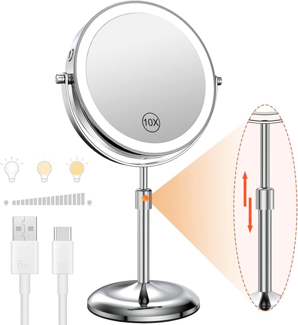 Benbilry Lighted Makeup Mirror with Magnification 10X & 3 Color Lights, Adjustable Brightness & Height, 7 Inch 360 Swivel Rechargeable LED Magnifying Make Up Vanity Mirror with Lighting (Silver)