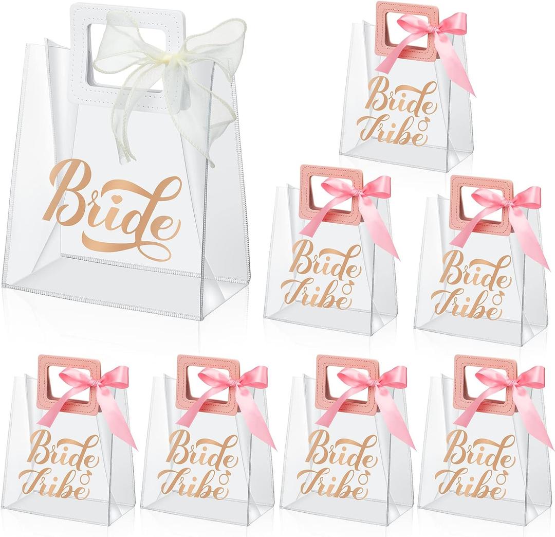 PerKoop 8 Pcs Bridesmaid Gift Bags Bachelorette Party Favors PVC Wedding Bachelorette Gift Bags with Handles Large Clear Bride Goody Pouches, 1 Bride 7 Bridesmaid for Shower(Rectangle Style)