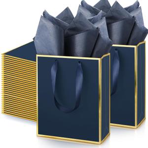 Yeaqee 50 Pack Metallic Gift Bags with Handle and Tissue Paper Gold Foil Thank You Bag for Graduation Wedding Groomsmen Bridal Baby Shower Gifts Holiday Party Favors 9x7x3.15'' (Navy Blue,Gold)