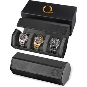 QWATCHBANDS Napa Leather Watch Rolls for Men - Hexagon Triple Watch Roll Travel Case for 3 Watches - Storage Organizer Genuine Leather with Velvet Interior Display (Green/ Cream)