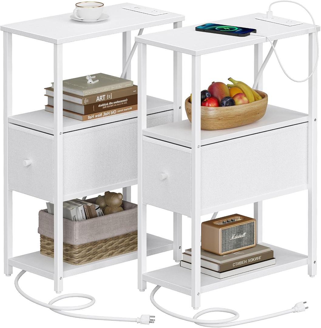 TUTOTAK Small Narrow End Table with Charging Station, Set of 2, Side Table with Outlets, Nightstand with Cloth Drawer, Couch Table, for Living Room, Bedroom, Bedside, White TB01BW058, 24.8 inches x 15.8 inches x 7.8 inches