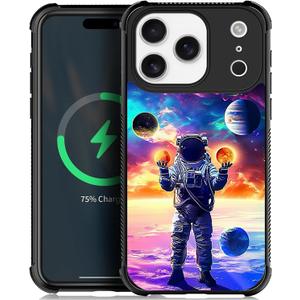 CARLOCA for iPhone 17 Pro Compatible with Magsafe Case Design for Girl Boy Shockproof Magnetic Charge Hard PC Back Case Esthetics Pattern Blue Astronaut'S Planet World