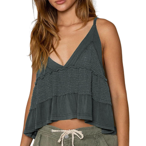 VNIRA Womens Sleeveless Peplum Spaghetti Strap Babydoll V Neck Ruffle Loose Fit Waffle Knit Crop Boho Tank Tops, Size M