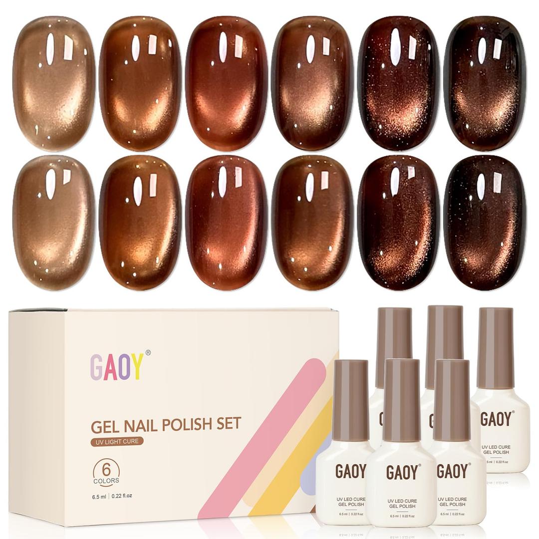 GAOY Brown Cat Eye Fall Gel Nail Polish Set with Magnet, 6 Colors Champagne Mocha Golden Brown Glitter Gel Holography, Long Lasting for Nail Art at Home & Salon Manicure