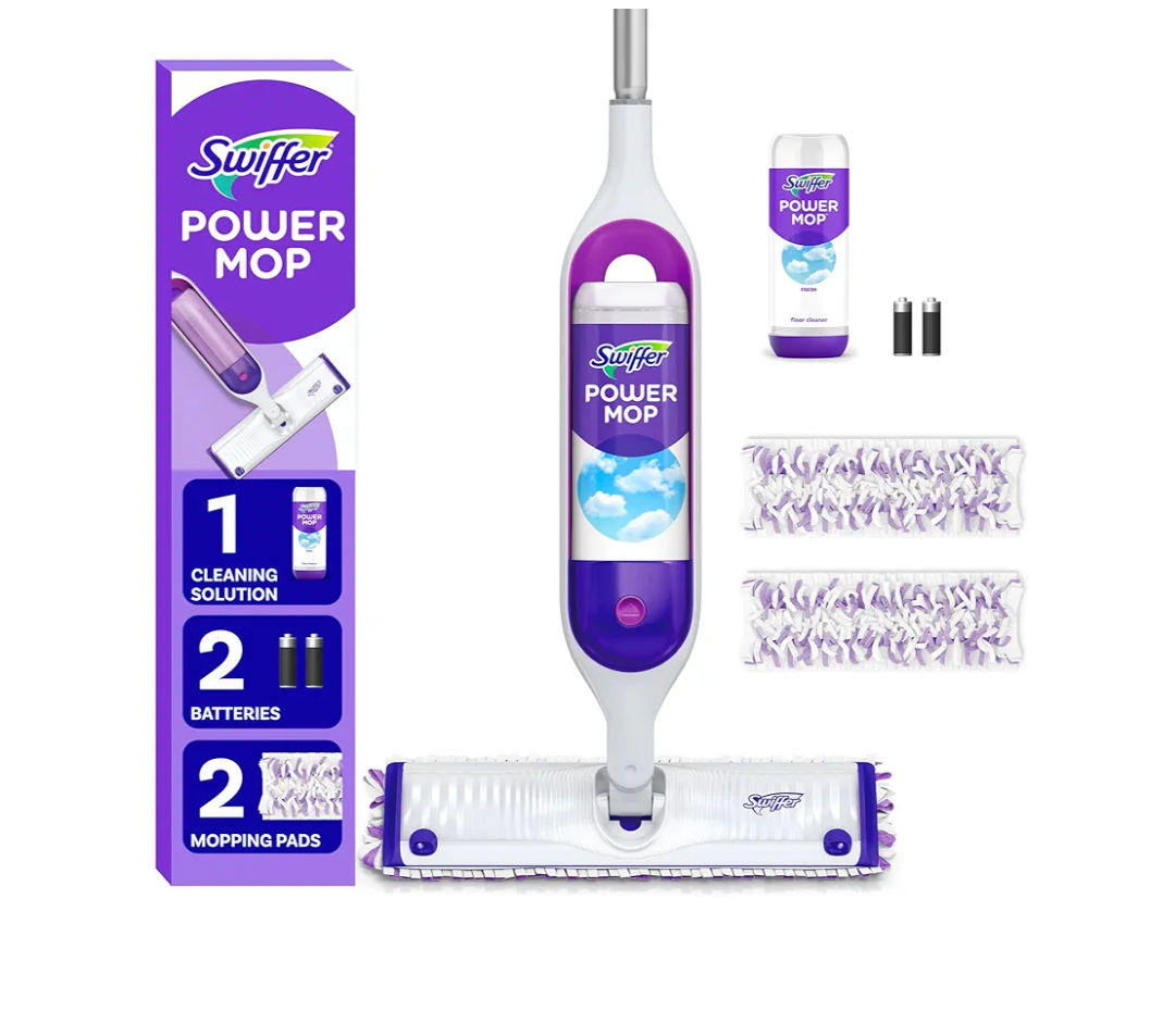 Swiffer PowerMop Multi-Surface Mop Kit for Floor Cleaning, Includes PowerMop, 2 Mopping Pad Refills, 1 Cleaning Solution with Fresh Scent and 2 Batteries