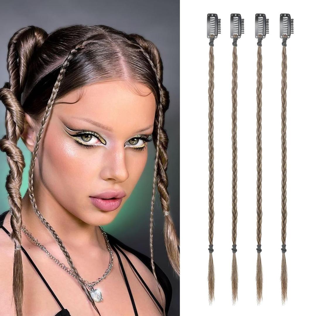 Flufymooz 4PC Braid in Hair Extension 14 Inch Clip in Braid Extensions for Women Synthetic Hairpieces for Daily Use Party Styling (Ash Brown)