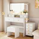 Pamapic Vanity Desk with Upgraded Silent Slides, 3-Piece Makeup Vanity with Movable Storage Cabinet, Golden Handles, 8 Drawers and 3 Lighting Modes Dressing Table with Lights and Charging Station (White)