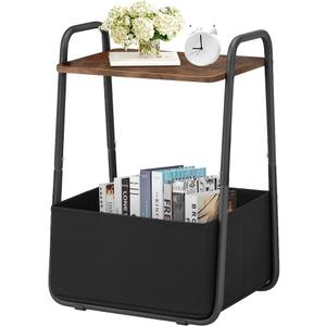 Rustic Brown Metal Frame Nightstand - Small Side Table with Fabric Storage Basket and Handle - Ideal for Bedroom & Living Room & Dorm