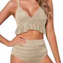 Tempt Me Women Two Piece Swimsuits High Waisted Bikini Set Ruffle Flounce Tummy Control Bottoms Bathing Suit (Small, Beige-shiny Fabric)