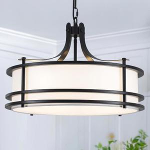 20" Black Drum Chandelier, Modern White Fabric Chandeliers, 5-Light Adjustable Large Drum Pendant Light Fixtures for Dining Room, Kitchen Island Living Room Foyer Bedroom