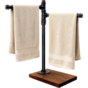 Hjarta 360° Swivel Towel Holder Stand for Bathroom, Hand Towel Stand with Wooden Base, Countertop Towel Stand with 2 Arms for Bathroom or Kitchen