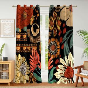 100% Blackout Black Boho Floral Curtains for Living Room 84 inch Long 2 Panels Farmhouse Mid Century Black Out Curtains for Bedroom Grommet Thermal Insulated Room Darkening Window Drapes, 
52Wx84L