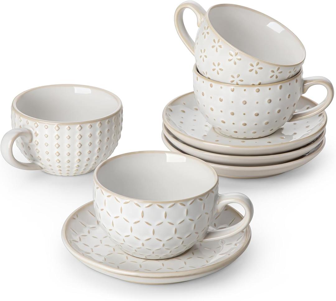 MALACASA 6 OZ Cappuccino Cups with Saucers Set of 4 - Ceramic Stackable Tea Cups and Saucers, Embossment Coffee Mugs for Tea, Latte and Mocha, Dishwasher Safe, Arctic white, LYDIA Series