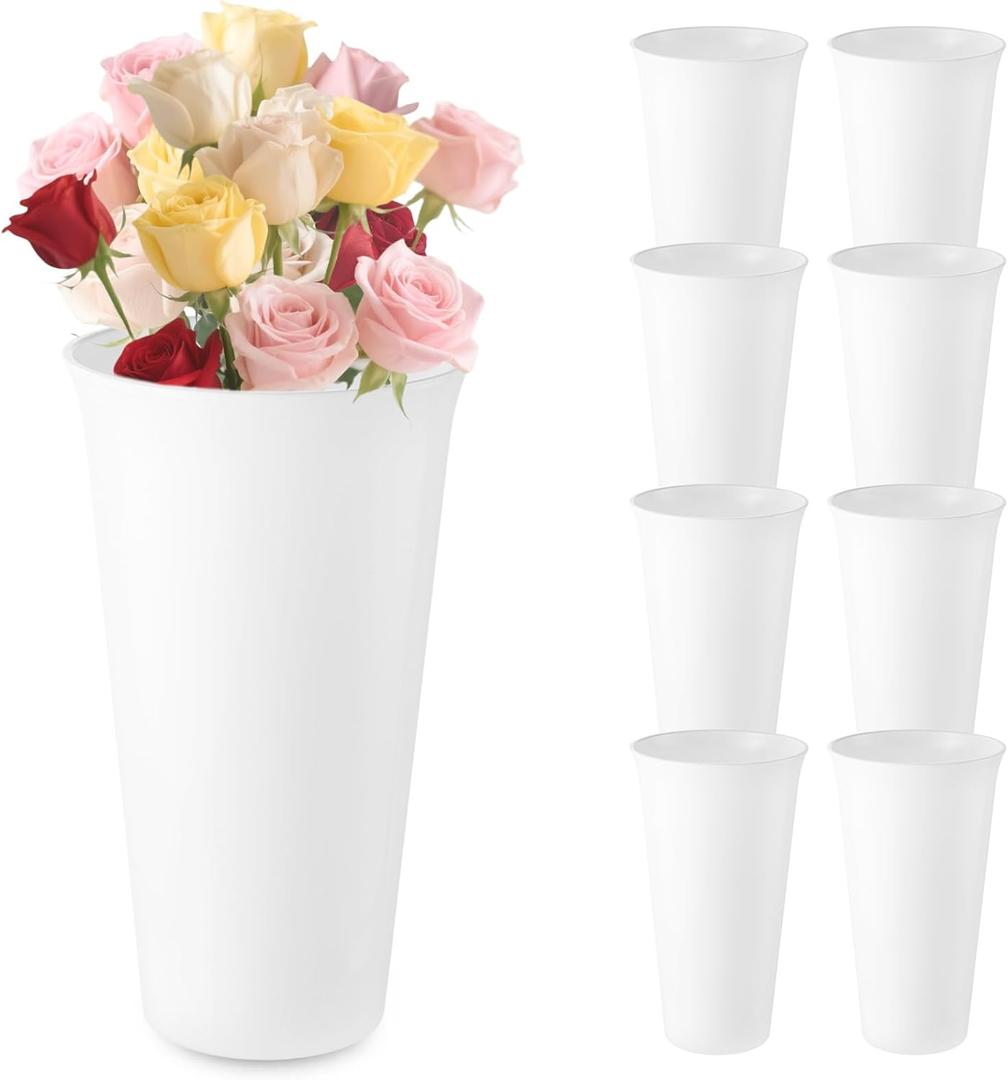8 Pack Modern Round Vases Flower Buckets, 9.84 Inch Plastic Floral Flower Vases for Centerpieces Floral Display Decorative Buckets Table Home Bridal Shower Wedding Festival Decorations