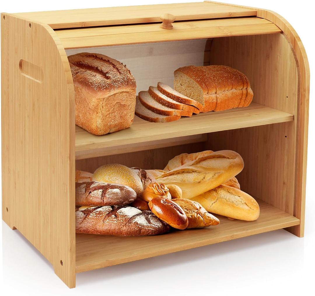 Thalomely Bread Box for Kitchen Countertop, Double Layer Bamboo Bread Storage Container for Homemade Bread, Roll Top Bread Box with 3 Adjustable Height for Kitchen Counter, Natural Breadbox Organizer