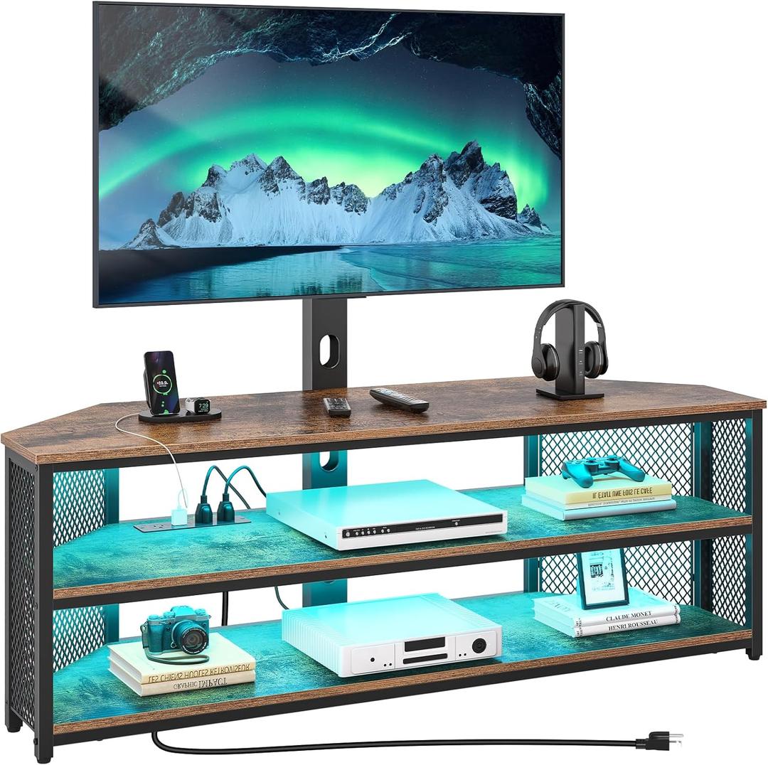 Rolanstar TV Stand with Mount and Power Outlet, Swivel TV Stand Mount with LED Lights for 32/45/55/60/65/70 inch TVs, Rustic Brown Entertainment Center Media Console with Height Adjustable Mount