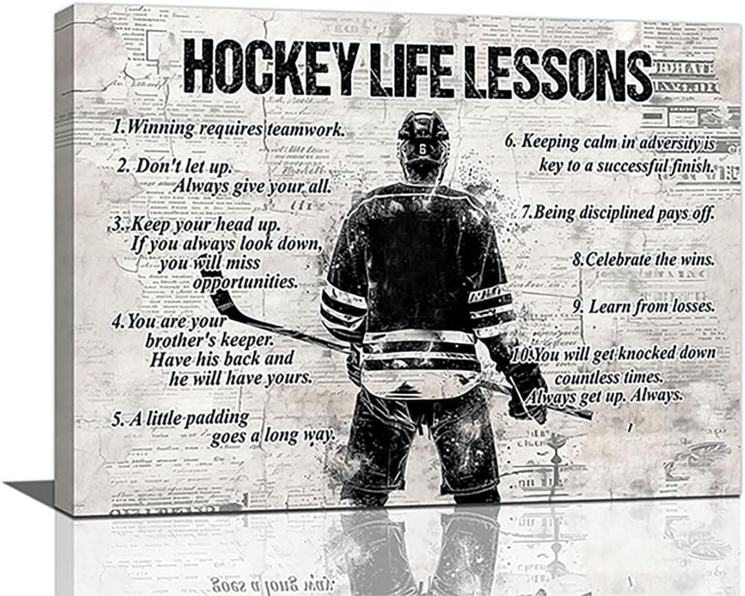 Vintage Hockey Sports Wall Art Hockey Life Lessons Wall Decor Hockey Sign Retro Poster Boy Men Room Motivational Decorations Canvas Print Painting Artwork for Bedroom Bathroom Living Room 16"x12"