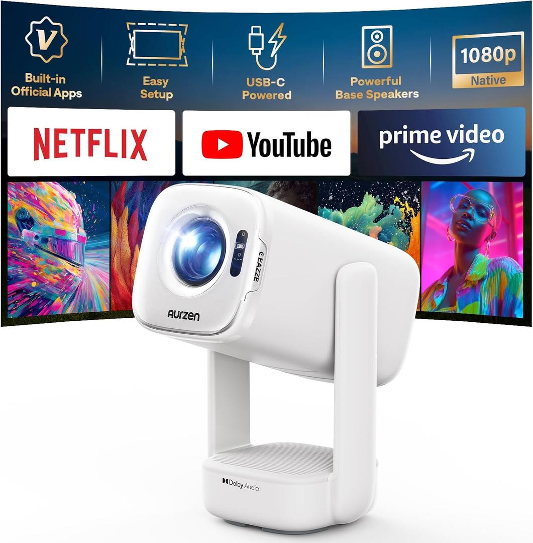 Aurzen D1 air Smart Portable Projector with WiFi and Bluetooth, USB-C Powered, Easy Auto Setup, 16W Dolby Audio, Built-in Official Apps, Native 1080P HDR10, Outdoor Movie Projector 4K Supported, White