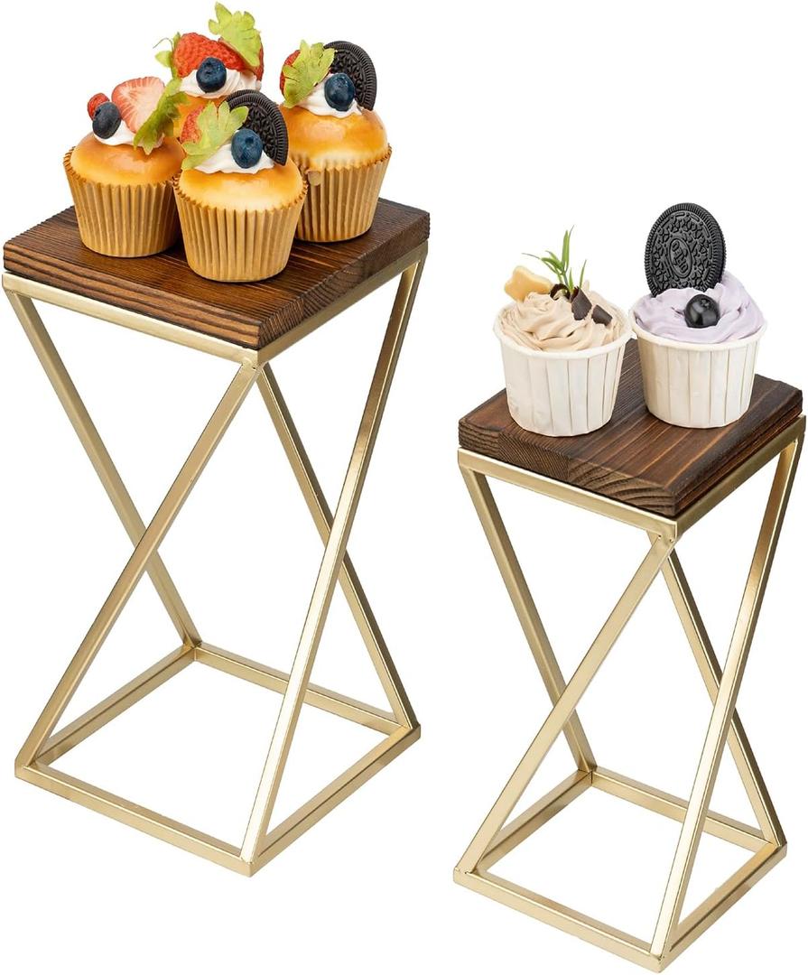 MyGift Dessert Riser Stands, Modern Twisting Geometric Brass Tone Metal and Solid Wood Pedestal Racks for Food, Merchandise, Desserts, 2 Piece Set