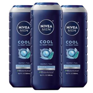 NIVEA MEN Cool Body Wash, Icy Menthol and Yuzu Scent, 3-in-1 Men's Body Wash, Face and Hair, Paraben Free, pH-Skin Friendly, 16.9 Fl Oz Bottle, Pack of 3