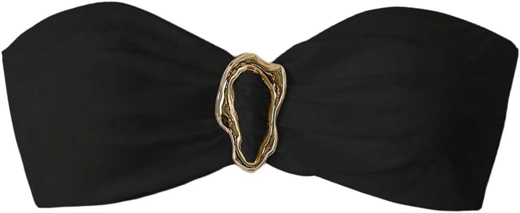 SOLY HUX Women's Bandeau Bikini Top Ruched Strapless Tie Back Swimsuit Bathing Suit Tops (Plain Black), Size: Small 4-6