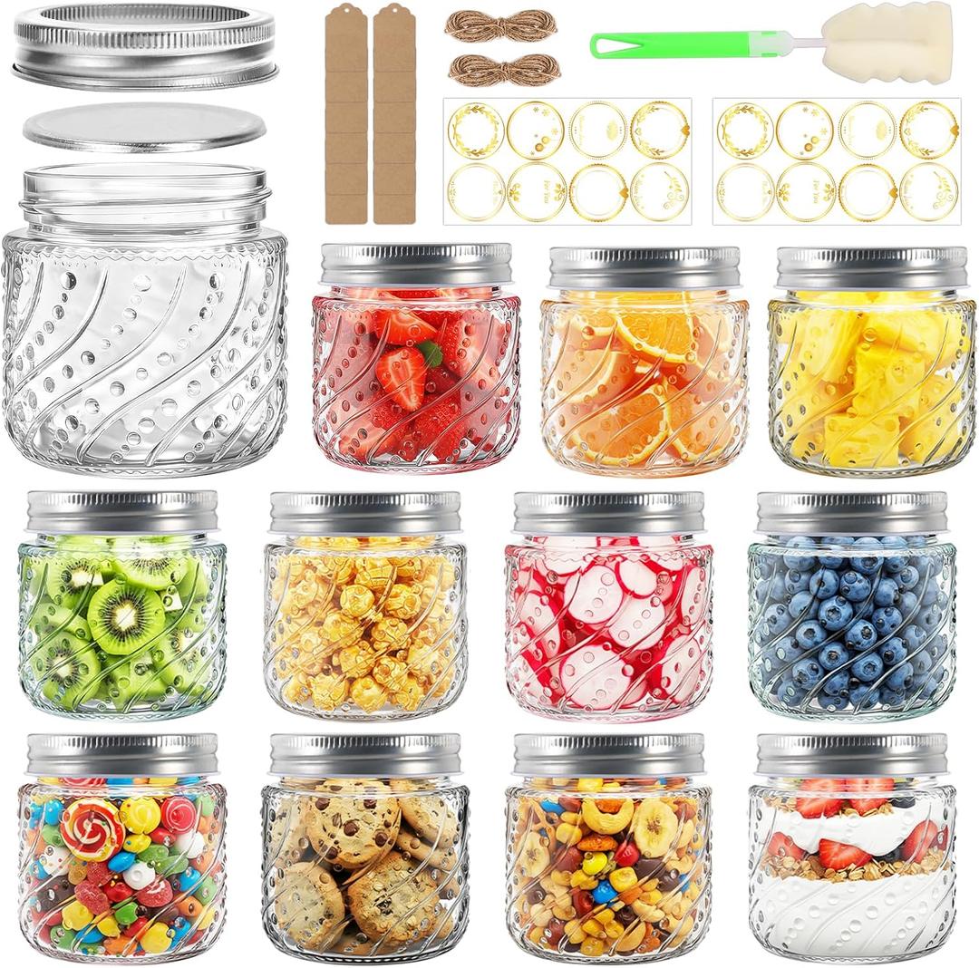 8oz Mason Jars with Silver Lids and Bands, 12 Pack with Wave and Dot Pattern, Stickers&Tags, Half Pint Glass Canning Jars for Honey, Jam, Candies, Jelly, Spice, DIY Crafts & Wedding Favors