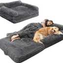 72" Foldable Human Dog Bed for Adults, Fluffy Faux Fur with Blanket, Orthopedic Washable Dog Bed with Memory Foam and Water Repellent Liner Extra Large Thick for Pet (Adult Size (72*44*12 inch), Grey)