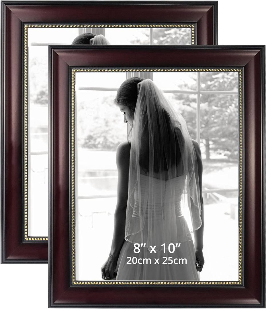 GraduationMall 8x10 Picture Frames, Real Glass, Display Photos for Wall or Tabletop, Mahogany with Gold Beads, 2-Pack