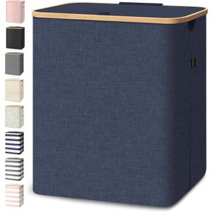 BALEINE Laundry Hamper with Lid, Tall Laundry Baskets with Bamboo Pull Handles, Large Laundry Bin with Internal Support (36 Gal/140L, Blue)