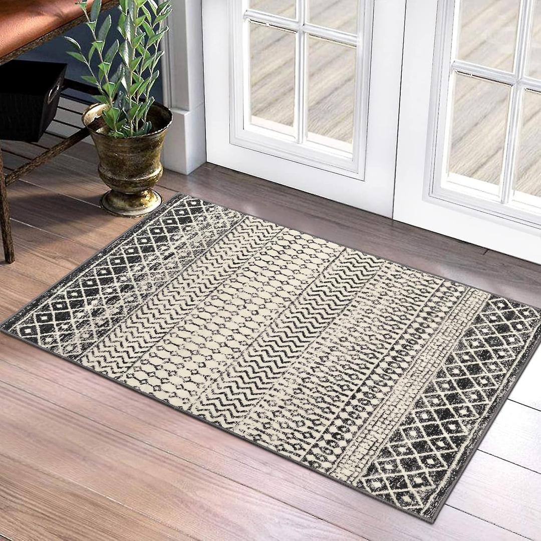 Nailttos Moroccan Area Rug, 2x3 Black Distressed Entryway Rug Non-Slip Small Rug, Soft Low-Pile Washable Indoor Door Mat Floor Carpet for Entrance Bedroom Kitchen Bathroom