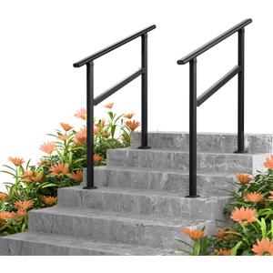 Kingdura Hand Rails for Outdoor Steps, 2 Pack 2 Step Stair Handrail, Galvanized Steel Railing, Black Round Exterior Handrails for Porch, Deck, Indoor Stairs, One-Step Assembly, Fits 2 to 3 Steps