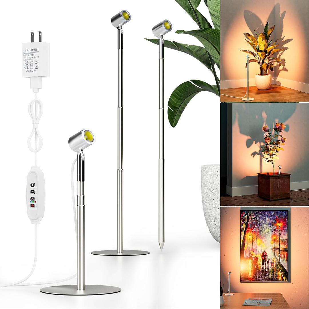 LED Spotlight Indoor, Height Adjustable 9"-20",Plug-in Small Floor Spot Lights, 3000K Uplighting,Timer 3/9/12H,10 Brightness, Focus Display Lights for Plant/Painting/Picture/Tree,Accent Decor lighting