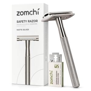 ZOMCHI Double Edge Safety Razor for Men & Women, Eco-Friendly Metal Shaver with 5 Refill Blades, Reusable Manual Razor for Smooth Close Shave Matte Silver